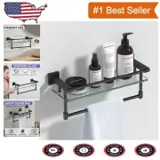 Matte Black 16-Inch Tempered Glass Shelf with Rustproof Towel Bar - Bathroom ...