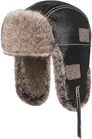 [XINCHIA] Leather Trapper Hat with Ear Flaps Unisex Waterproof Winter Hunting Hat Faux Fur Bomber Hat Russian Trooper Hat Earflap Hat Warm Thick Ushanka Hat Skiing Cycling Hat Aviator Cossack Hat for Men Women