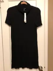 BLOOMINGDALES AQUA Black Dress SMALL Short Sleeve Turtle Neck Women’s Tunic