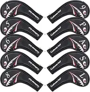 [CRAFTSMAN GOLF] 10pcs Black Synthetic Leather Shark Golf Iron Head Covers Set Headcover with Number on both Sides For Callaway, Ping, Taylormade, Cobra