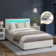 Oikiture Bed Frame Gas Lift RGB LED White MARC- King Single