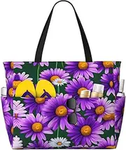 [Ghjkfbf] Purple Daisy Print Large Capacity Beach Travel Bag For Family, Beach Tote Bag For Women With Zipper Pockets, Black, One Size
