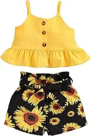 [Kucnuzki] Toddler Girl Outfit Baby Girl Sunflower Clothes Ruffle Sleeveless Linen Shirt Kid Sunflower Short Pants Set for Girl