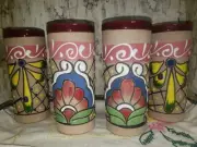 Talavera style pottery beverage glasses or could hold candles, vibrant colors