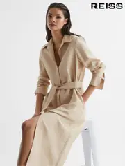Reiss Neutral Phoenix Premium Linen Blend Midi Dress (528480) | $610