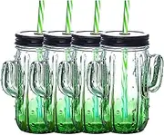 Glass Cups with Straw,Cactus Glasses,Creative Juice Glass Drinking Mug for Water Juice Coffee 4 Sets(Cactus Glass, Green)