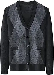 [Gsywaipei] Men's V-Neck Knitted Cardigan Long Sleeve Male Knit Sweaters Coats Casual Fit Argyle Knits Sweater