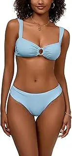 [LKAIIN] Mid Waisted Bikini Set for Women's Scoop Neck O Ring Ruched Back Self Tie High Cut Thong Bikinis Two Piece Swimsuit