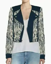 $298 NWT BCBGMAXAZRIA SzL CODY TEXRURED JACQUARD MOTO JACKET DARK CHINA BLUE