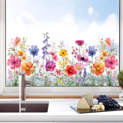 Wildflowers Window Sticker Spring Summer Window Clings Double Sided Static An...
