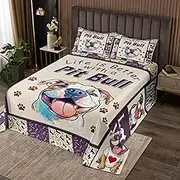 Manfei Cartoon Pit Bull Kids Bedspread Twin Size,Dog Paws Geometric Grid Patch Coverlet Set,Boys Girls Room Decor,Cute Animals Pets Rustic Quilted Coverlet,Purple Beige Bedding Quilt,1 Pillowcase