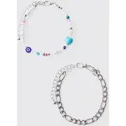 Mens 2 Pack Silver Charm Bracelet Set