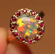 Crystal Opal Halo Ring - Natural solid Australian Opal - Ruby - 18k Gold