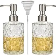 Easy-Tang 2 Pack Soap Dispenser for Bathroom, 12 Oz Clear Diamond Design Glass Hand Soap Dispenser with 304 Stainless Steel Pump, Ideal for Kitchen Dish Soap, Hand Soap, Lotion, Essential Oil