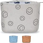Milifox Corduroy Smiley Face Makeup Bag, Pouch Cosmetic Bag for Women, Purse with Soft Portable Versatile Fashion Zipper, Beige