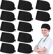 [Yahenda] 12 Pcs Surgical Working Caps Bulk with Button and Sweatband Adjustable Bouffant Hats Elastic Bandage Tie Back Nurse Scrub Cap for Women Men, Black, Black, One Size