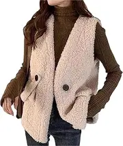 [Qolkmuiy-GJ] Womens Sleeveless Sherpa Fleece Vest Fuzzy Shaggy Open Front Waistcoat Faux Fleece Warm Cozy Gilet with Pockets