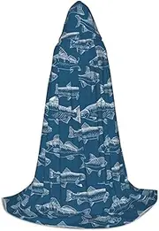 Ocean Fishes Print Halloween Hooded Cloak 130/150/170cm Carnival Witch Costume Cosplay Theme Party