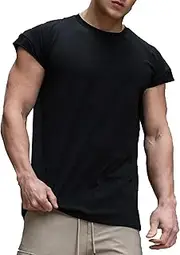 [Aosufei] Men's Casual Cotton Muscle Cut T-Shirt Crew Neck Solid Sports T-Shirt Slim Moisture Wicking Workout T-Shirts