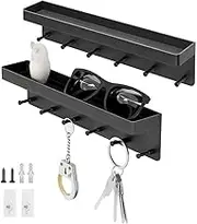 2Pcs Wall Mounted Key Holder with 6 Key Hooks, Adhesive Key Rack Hanger with Tray, Self Adhesive Key Rack for Wall, Wall Decorative Key and Mail Organizer for Door Entryway Hallway and Office, Black