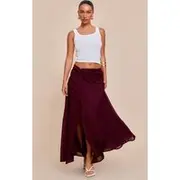 Wine Twist Front Thigh Split Maxi Skirt, Wine