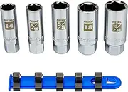 Neiko 02500A 3/8" Drive Spark Plug Socket Set, 5 Piece, SAE And Metric, Rubber Retaining Inserts, Cr-V Steel, 14mm, 18mm, 9/16, 13/16, 5/8 Spark Plug Socket, Deep Well Socket Set, Spark Plug Tool