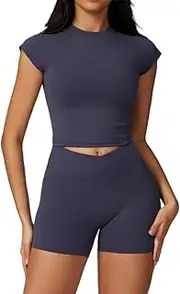 [FUNSEED] Women's Baselayers Casual Tight Short Sleeve Fitness Sports Underwear Top, blue, X-Large