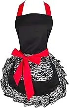Black Lace Flirty Apron with Pocket, Fun Retro Sexy Cooking Pinup Aprons for Women Girls, Black Lace
