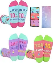 [Skicuff] 3 Pairs 10th Birthday Socks Gifts 10 Years Old Girl Colorful Socks with Box Presents Funny 10 Years Old Girl Gifts Ideas, Bright Color, 10 Years