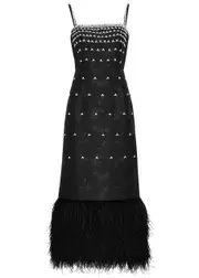Huishan Zhang Astra Feather-trimmed Embellished Cloqué Maxi Dress - Black - 12 (UK12 / M) 12 (UK12 / M)