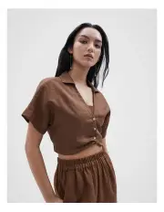 [Unison] Linen Twist Detail Top in Chocolate