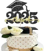 SYKYCTCY 1 Pack Class of 2025 Cake Topper Glitter Congrats Grad Cap 2025 Graduation Cake Pick for 2025 Graduation Theme High School Boys Girls Graduate Party Cake Decorations Supplies (Black)