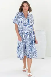 Orla Midi Dress - Mandarin Collar Smock Dress in Aine Print Blue