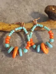 UNIQUE MED COPPER WIRE DESIGN/ORANGE/TURQUOISE HOWLITE/BEADS/COPPER EARRINGS
