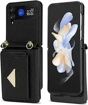 [Nexue] Compatible Samsung Galaxy Z Flip 4 Case Wallet with Card Holder,Shockproof Leather Detachable Crossbody Lanyard Case for Samsung Z Flip 4 Wallet Case,Z Flip 4 Case for Women,Black