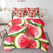Manfei 7 Pieces Cute Watermelon Comforter Set Queen Size, Summer Fruits Bedding Set, Kawaii Watermelon Print Bed in A Bag with Comforter, Sheets and Pillowcases, Kids Girls Teens Room Decor