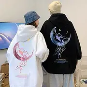 Couple Matching Moon Print Hoodie White - M