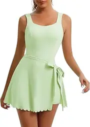 [WBQ] Women's Square Neck Tennis Dress Built-in Bra and Shorts Athletic Summer Sleeveless Dress with Pockets