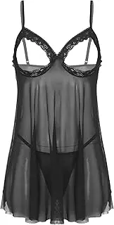 [TiaoBug] Lingerie for Women Sexy Lace Open Bras Nipple Split Babydoll Sheer Chemise Nightgown Naughty Negligee