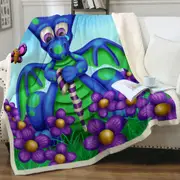 Cute Blue Dragon with Purple Flowers Kids Throw Blanket