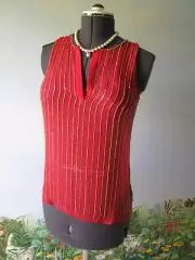 Parker Red Stripe Beaded Sequin Sheer 100% Silk Top Size Small NEW