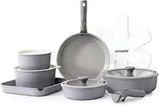 SENSARTE 17 Piece Ceramic Pots and Pans Set, Nonstick Detachable Handle Cookware, Induction Kitchen Cookware Set with Removable Handle, Dishwasher ＆ Oven Safe, PFAS/PTFE/PFOA Free (Gray)
