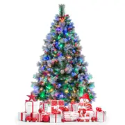 Costway 1.85M Pre-Lit Hinged Christmas Tree Pine Needles Xmas Decoration Home Garden Decor w/11 Lighted Modes