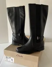 Clarks Women's Merrian Rayna Tall Riding Boot Size 8.5 Black Leather Stretch NEW
