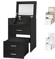 ALFORDSON Dressing Table Makeup Vanity Desk with Flip-up Mirror and Stool, Compact Foldable Tabletop Bed Side Storage Cabinet, Small Vanity Dresser Organiser with Drawers for Women Bedroom, Black