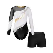 Kids Girls Rhinestone Decor Gymnastics Dance 2 Piece Outfits Long Sleeve Leotards with Athletic Shorts Sets white 13-14 Years