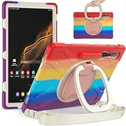 Heavy Duty Case for Galaxy Tab S9 Ultra 2023/S8 Ultra 14.6 Inch, Hybrid Rugged Case with S Pen Holder, Shockproof Kids Case with 360 Rotating Stand/Shoulder Strap (Colourful Red)