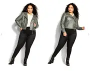 City Chic Ladies Biker Whip Stitch Cropped Jacket size 16 Colour Deep Sage
