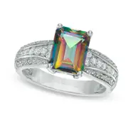 Emerald-Cut Mystic Fire« Topaz and 0.17 CT. T.W. Natural Diamond Ring in Solid 10K White Gold