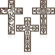 Yookeer 3 Pcs Wooden Wall Hanging Cross Handmade Antique Cross Hanging Decor Religious Brown Wooden Home Decorations Hand Carved Wall Decor for Living Room Nursery Wedding